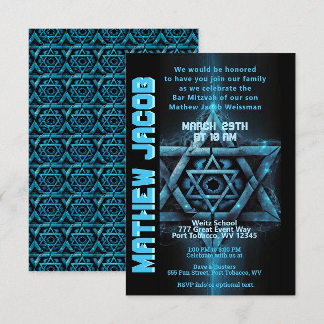 Electric Blue und Bar Mitzvah Einladung (Vorne/Hinten)