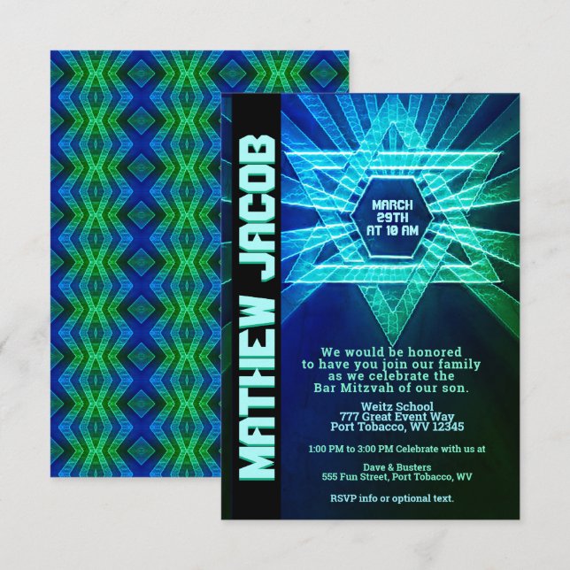 Electric Blue und Green Bar Mitzvah Einladung (Vorne/Hinten)