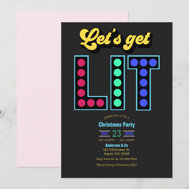 Electric Cranberry Get Lit Retro Christmas Party Einladung (Vorne/Hinten)