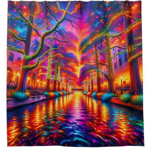Electric Dreamscape: San Antonio Riverwalk Duschvorhang (Vorderseite)
