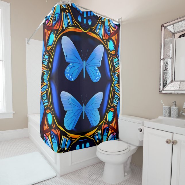 Electric Elegance: Neon Blue Butterflies Badezimme Duschvorhang (Beispiel)