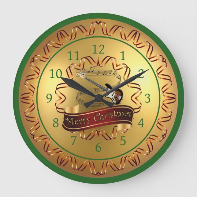 Electric Guitar 01-Musical Scroll-Merry Christmas- Große Wanduhr (Vorderseite)