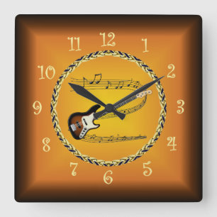 Electric Guitar 01 Musical Scroll & Russet Orange~ Quadratische Wanduhr