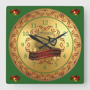 Electric Guitar 02-Musical Scroll-Merry Christmas- Quadratische Wanduhr