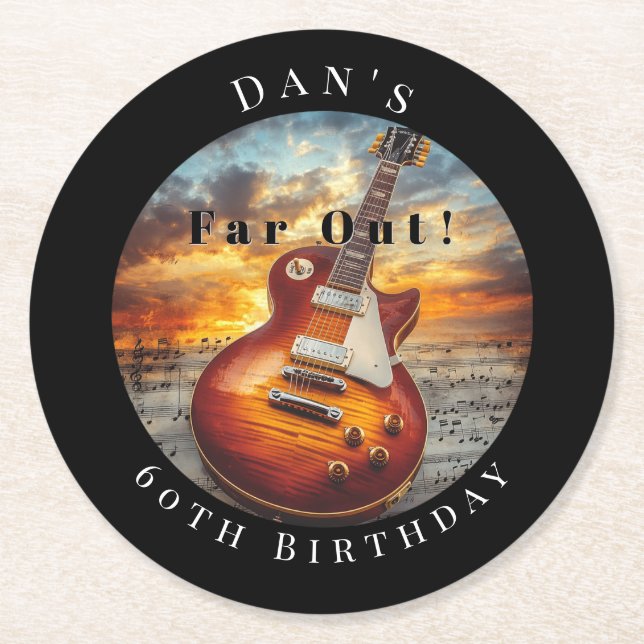 Electric Guitar Ocean Sunset Music Notes Runder Pappuntersetzer (Vorderseite)