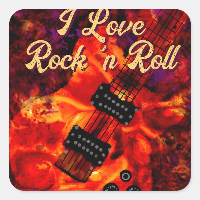 Electric Guitar on Fire Red Black Liebe Rock'n'Rol Quadratischer Aufkleber (Vorderseite)