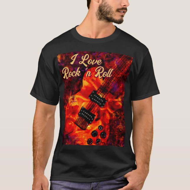 Electric Guitar on Fire Red Black Liebe Rock'n'Rol T-Shirt (Vorderseite)