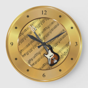 Electric Guitar ~ Sheet Music ~ Gold Background ~ Große Wanduhr