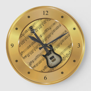 Electric Guitar ~ Sheet Music ~ Gold Background ~ Große Wanduhr