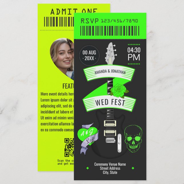 Electric Lime Rock ’n’ Roll Wedding Ticket Einladung (Vorne/Hinten)