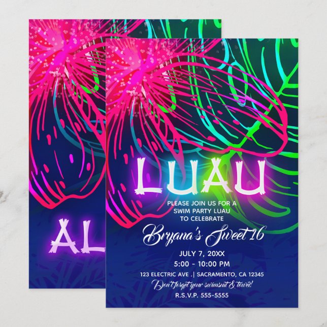 Electric Luau Tropical Night Neon Aloha Party Einladung (Vorne/Hinten)