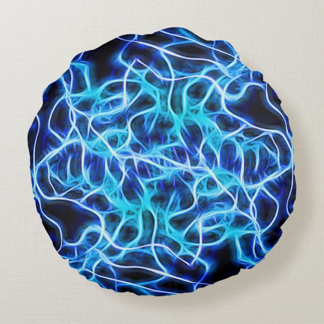 Electric Neon Blue Tesla Coil Lightning Rundes Kissen (Rückseite)