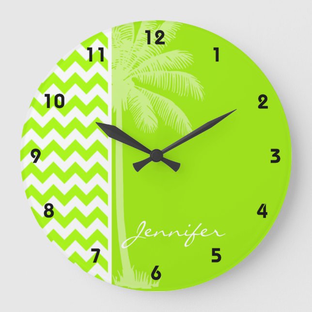 Electric Neon Lime Green Chevron; Tropical Palm Große Wanduhr (Vorderseite)