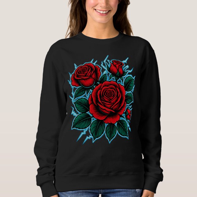 Electric Roses | Red Rose & Lightning Bolt Graphic Sweatshirt (Vorderseite)