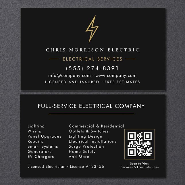Electrician – Modern Black Gold Electrical Service Visitenkarte (Von Creator hochgeladen)