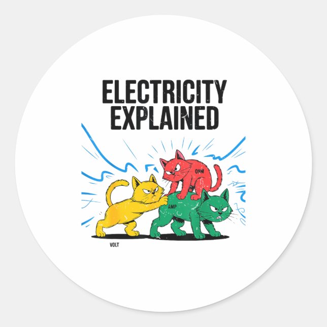 Electricity Explained Funny Cat Physics Humor Scie Runder Aufkleber (Vorderseite)