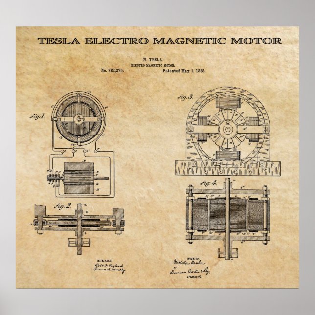 ELECTRO MAGNETIC MOTOR PATENT VON TESLA 1888 POSTER (Vorne)