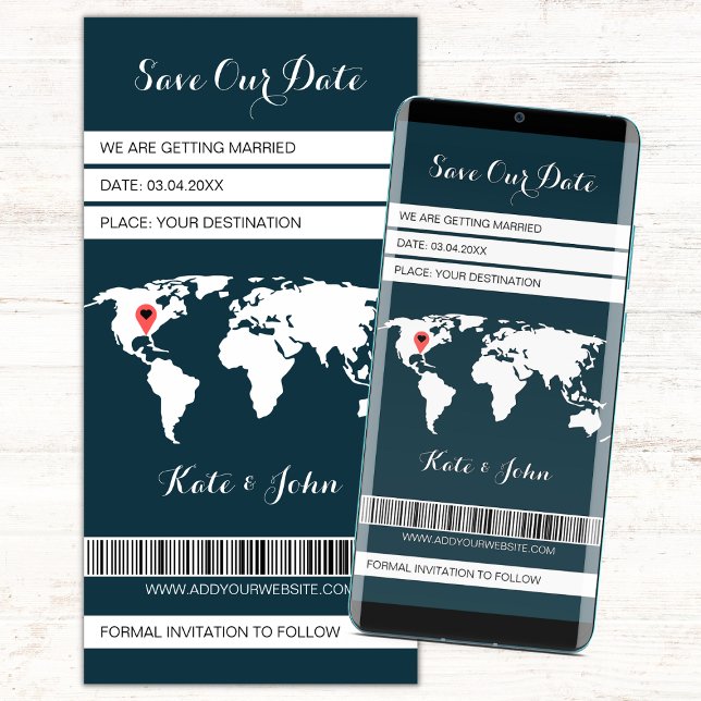 Electronic Boarding Pass Destination Navy Blue Save The Date (save the date electronic boarding pass navy blue and white, save our date digital invitation)