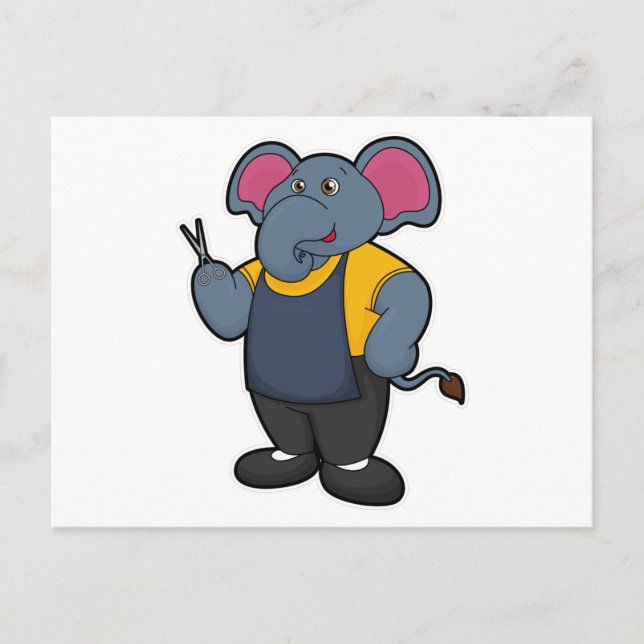 Elefant als Friseur mit Schere Postkarte (Vorderseite)
