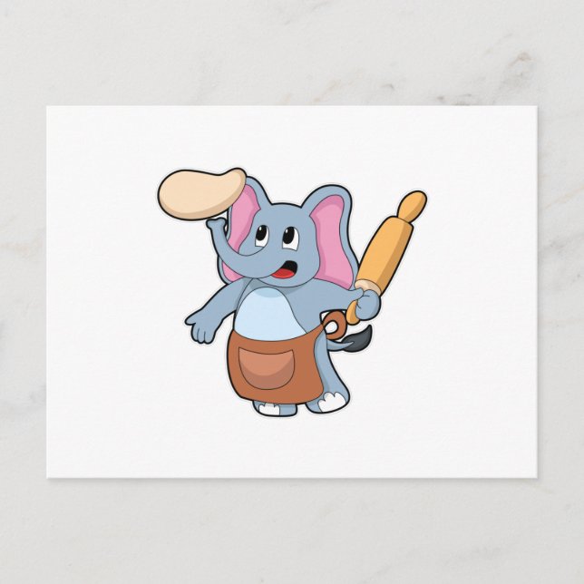 Elefant als Koch mit Nudelholz & Teig Postkarte (Vorderseite)