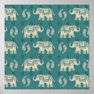 Elefant-aquamarines Wohnwagen-Muster Poster