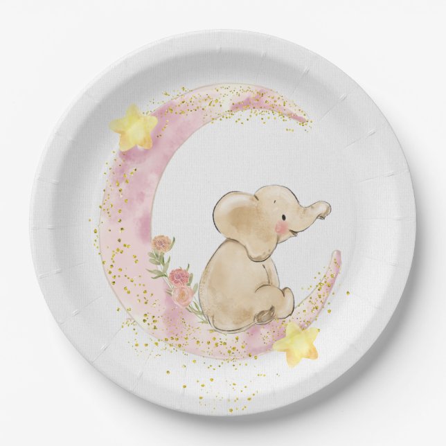 Elefant auf einem Mond mit Glitzer Pappteller (Vorderseite)