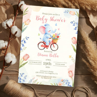 Elefant auf Fahrrad Florales Babyshower Einladung