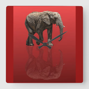 ELEFANT AUF ROT QUADRATISCHE WANDUHR