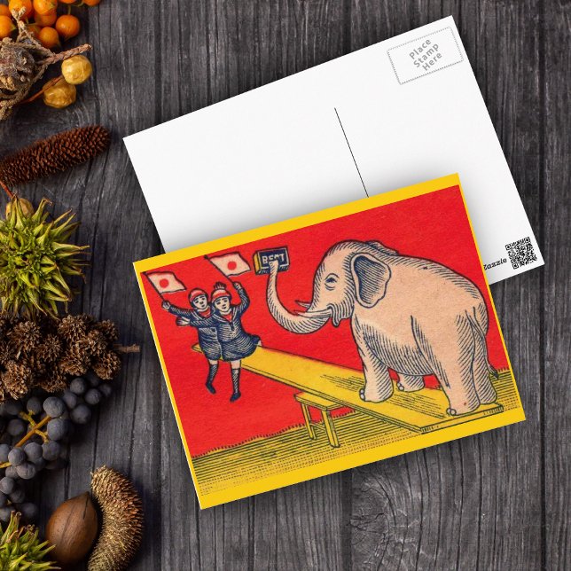 Elefant auf Seesaw mit Kamera-Kindern Postkarte (Elephant on seesaw with children waving Japanese flags on red and yellow postcard.)