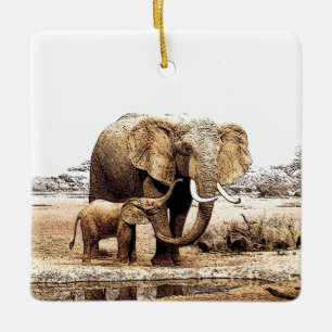 Elefant & Baby-Elefant Keramikornament