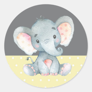 Elefant-Baby-Party Gelb und Grau Runder Aufkleber
