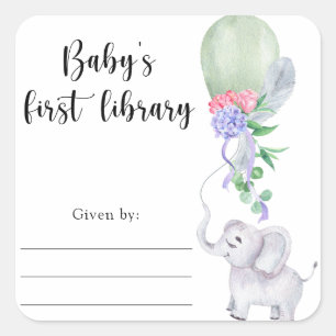 Elefant Baby Shower Exlibris, Bücher fürs Baby Quadratischer Aufkleber