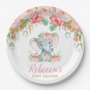 Elefant Baby Shower Pink Röte Floral Baby Mädchen Pappteller