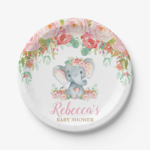 Elefant Baby Shower Rosa Hauch Floral Dessert 7" Pappteller