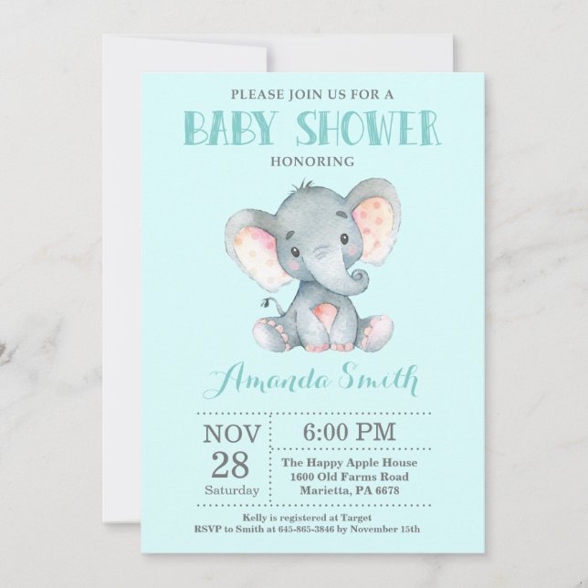 Elefant-Babyparty-Einladungs-Aqua und Grau Einladung (Vorderseite)