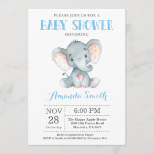 Elefant-Babyparty-Einladungs-Blau und Grau Einladung