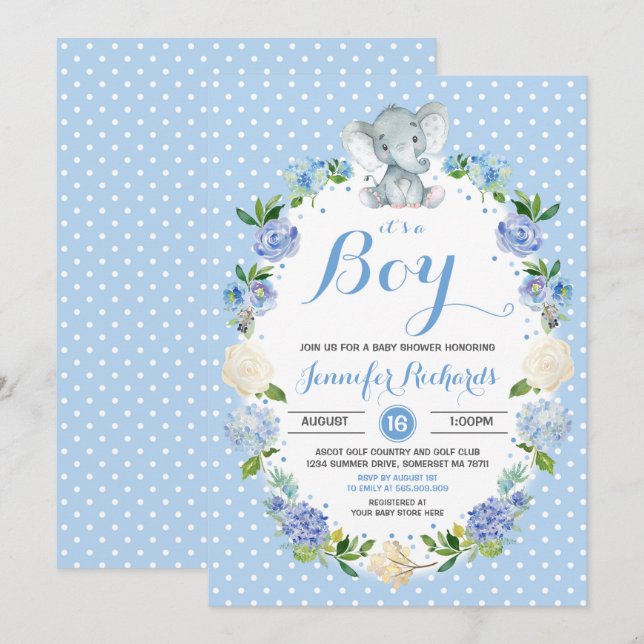 Elefant-Babyparty-Einladungs-Jungen-Babyparty Einladung (Vorne/Hinten)