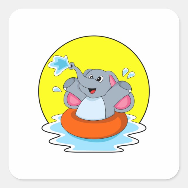 Elefant beim Baden mit Lifebuoy Quadratischer Aufkleber (Vorderseite)