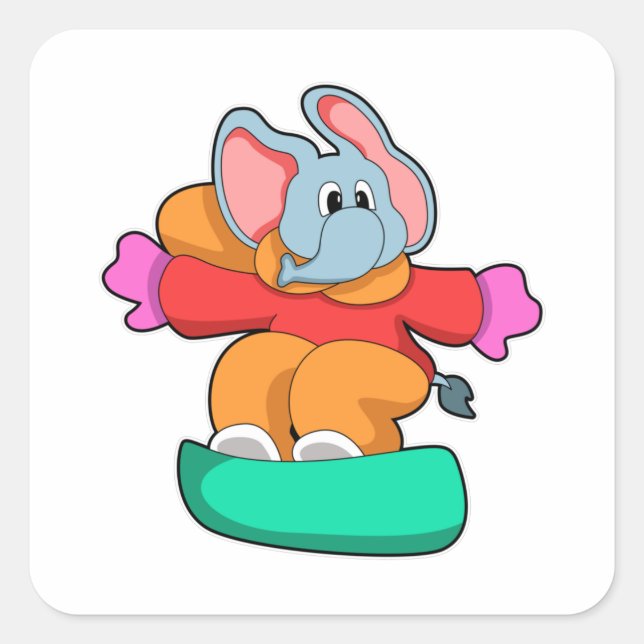 Elefant beim Snowboarden mit Snowboard Quadratischer Aufkleber (Vorderseite)