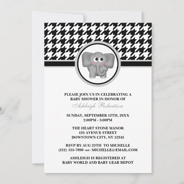 Elefant Black & White Hahnentrittmuster Babydusche Einladung (Vorderseite)