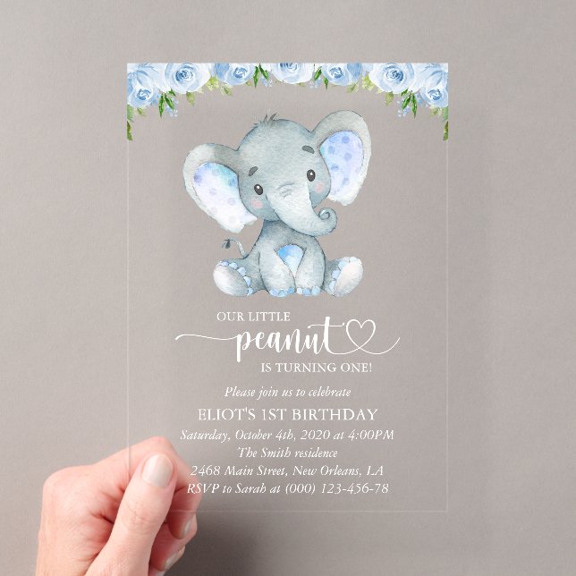 Elefant, blaue Aquarellfarben, erste Blume zum Geb Acryleinladungen (Insitu (Handheld))