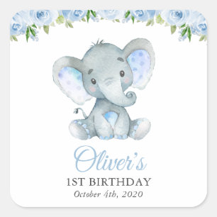 Elefant, blaue Aquarellfarben, erste Blume zum Geb Quadratischer Aufkleber