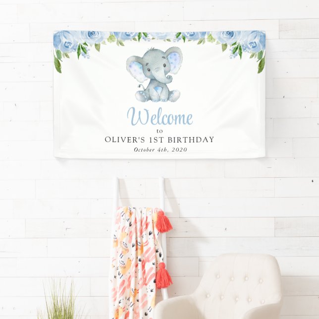 Elefant, blaue Blumen, Empfang zum ersten Geburtst Banner (Insitu)