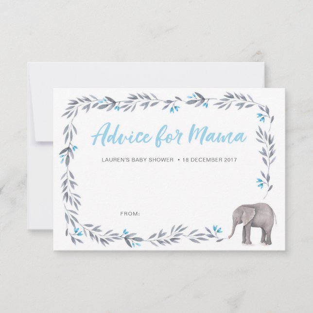 Elefant-blaue und graue Babyparty-Ratekarten Einladung (Vorderseite)
