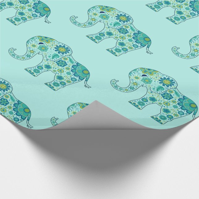 Elefant-Blumen aquamarin Geschenkpapier (Ecke)