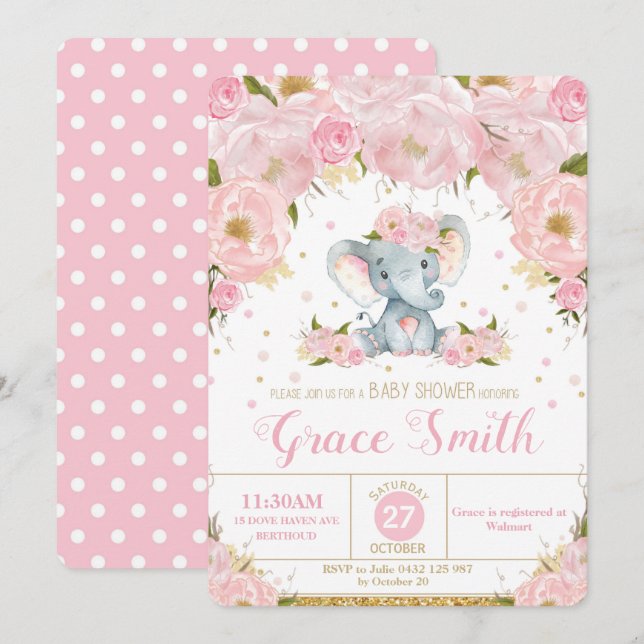 Elefant-BlumenBabyparty-Einladungs-Mädchen Einladung (Vorne/Hinten)