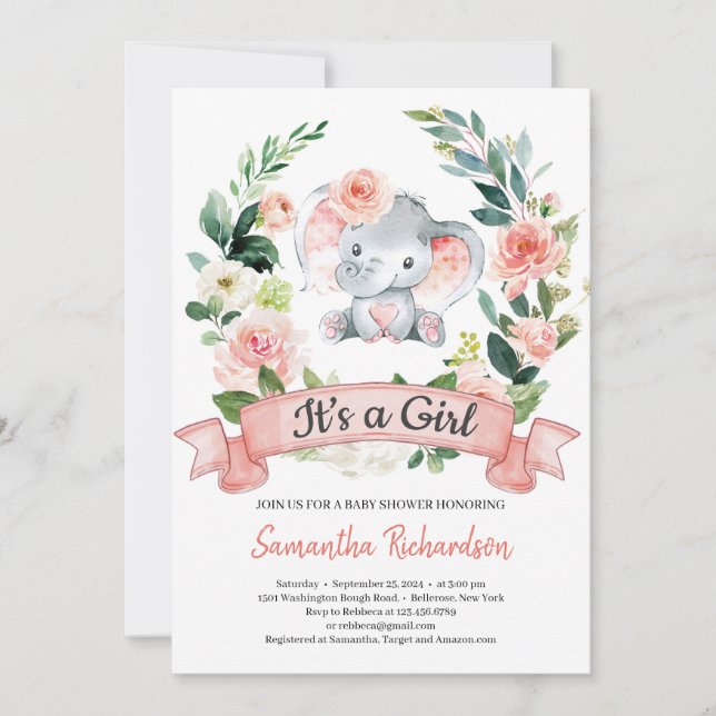 Elefant Blush Pink Floral Rustikal Es ist ein Mädc Einladung (Vorderseite)