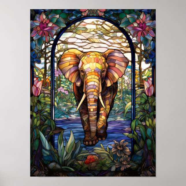 Elefant-Buntglasfenster-Design Poster (Vorne)