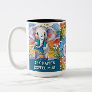 Elefant, der die große Tasse des zweitklassigen Bu