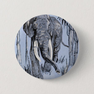 Elefant, der durch die waldreiche Savanne in Blau Button
